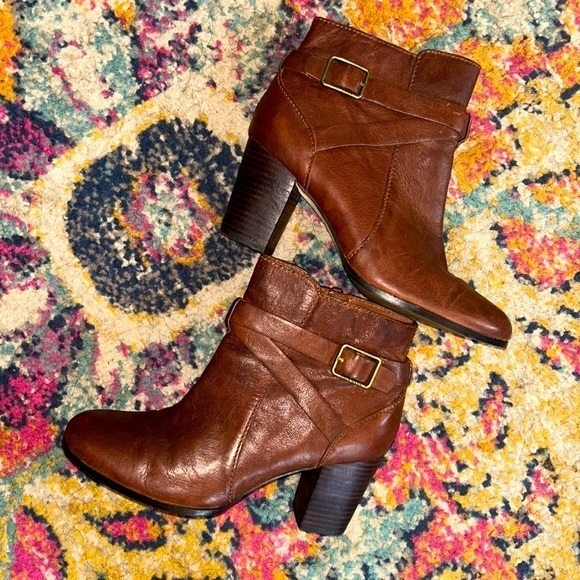 Cole Haan "Grand-Os" Brown Leather Ankle Boots Zipper Buckle Strap 6